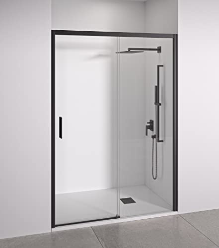 Mampara de ducha frontal 1 corredera + 1 fijo - sin perfilería inferior - Cristal transparente templado 6mm antical - Negro Mate - Ancho adaptable 110 a 115cm - Posición puerta izquierda - Alto 195cm