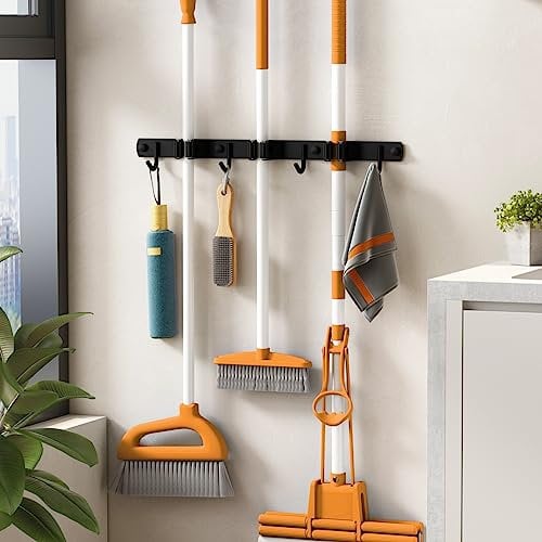 Damita Broom Holder Wall Mount Mop Hanger for Kitchen Garage Garden Metal Tool Organization - Stainless Steel Non-slip Broom Rack Mop Holder Wall Organizer 1-Pack (Black, 3 Racks 4 Hooks)