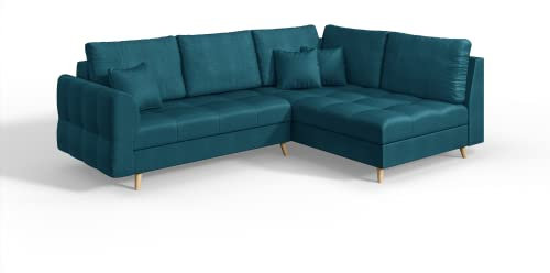 S-Style Möbel Monaco Viersitziges Ecksofa mit Hocker Skandinavische Moderne Ecksofa Mikrofaser Stoff 231cm x 161cm x 81cm Modern Lose Rückenlehnenkissen Holzbeine Eckseite Rechts Farbe Blau