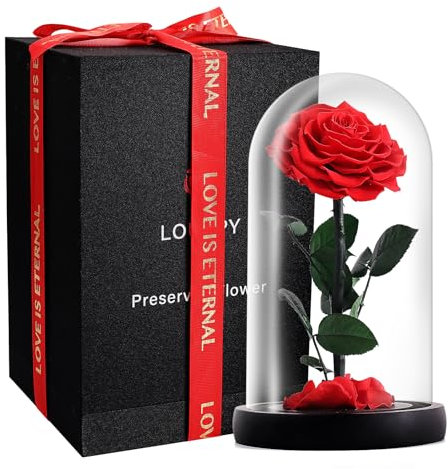LOUVPY Forever Roses – Rose La Belle et la Bête dans un dôme en verre – Rose éternelle préservée – Cadeau pour maman, épouse, petite amie – Décoration de véritables fleurs fraîches (rouge, 23,1 cm)