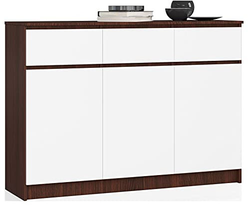 AKORD Commode K 140 cm 3 Tiroirs et 3 Portes pour Le Salon| Chambre | Armoire Salon Design Moderne Fonctionnel Panneau Stratifié 16mm | Couleur Wengé/Blanc