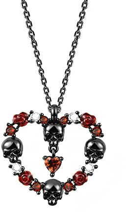 GNOCE Collier Rose & Crâne Collier Coeur en argent 925 plaqué noir avec pierre rouge Chaîne réglable Collier Bijoux Cadeau pour Femmes Filles Épouse Fille