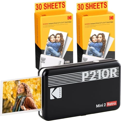 Kodak Mini-Drucker P210 Retro 2 + Patrone und Papier für 60 Fotos – Drucker mit Bluetooth – Fotos Format CB 5,3 x 8,6 cm – Lithium-Akku – Thermosublimation 4 Pass