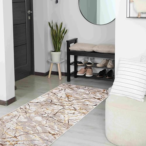 Mazovia Teppich Läufer Flur - Modern Teppichläufer – Kurzflor, Weich - für Vorzimmer Eingangsbereich Schlafzimmer Küche Korridor - Abstrakt Muster 100 cm Breite - Beige Creme mit Gold 100 x 825 cm