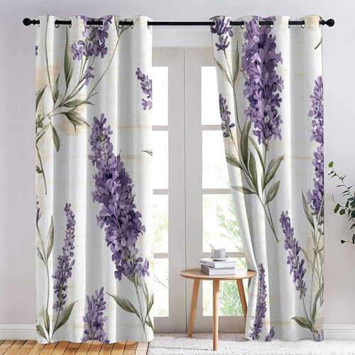 SZLYZM Lavendel Floral Vorhänge, Verdunklungsvorhänge mit Muster Lila Blumen, Vorhang Blickdicht mit Ösen, Gardinen für Wohnzimmer Schlafzimmer Kinderzimmer Deko 2er Set - 175x140 (H X B) (Qt-&44)