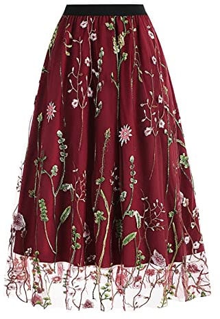 Skang Damen Sommerrock Lang Frauen Mode Stickerei Rock Tasche Elastische Taille Lose Kurzen A-förmigen Rock Plissee Rock Midi