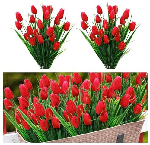 Laelfe Künstliche Tulpen Blumen für Draußen, Plastik Fake Tulpen Blumen wie Echt für Draußen Zuhause Hochzeitsstrauß Tischdekoration (Rot)