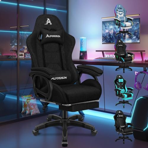 ALFORDSON Sedia Gaming, Gaming Chair con Massaggio a 2 Punti per Gioco, Sedia da Computer ergonomica con Cuscino Lombare, Altezza Regolabile, Tessuto, Nero