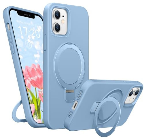 BENTIACC Liquid Silicone Case for iPhone 12/12 Pro, Magnetic Rugged Stand Ring, 4-Layer Shockproof Protective Case with Soft Microfibre Lining (Light Blue)
