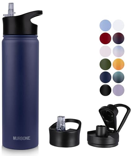 MURBONE Insulated Water Bottle, 750ml Stainless Steel Drink Flask with Straw, BPA Free, 2 Lids (Straw Lid and Spout Lid), Leakproof Double Walled Vacuum Water Bottle, Navy Blue