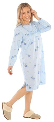 Schuerzenfabrik - Chemise de nuit à manches courtes pour femme, bleue, rose, violet, orange avec boutonnière, Chemise de nuit à manches longues, bleue, M