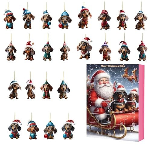 Weihnachts-Dackel-Adventskalender – 24 Days Of Christmas Collectible Funny Dog Set | Adventskalender 2D Flache Acryl Anhänger Home Decor