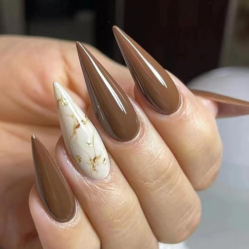 JUSTOTRY 24 Pcs Brown and Beige Press on Nails Stiletto Long,Marble French False Nails Designs,Pretty Almond Stick on Nails for Women,Pointy Fake Nail for Nail Art Gifts