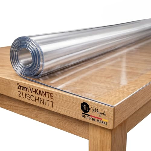 Mayda Tischfolie transparent 2 mm - Glasklar Folie Tischschutz - versch.Größen, Individuell Zuschneidbarer - Schutzfolie mit abgeschrägten Kanten für Tisch - Abwaschbare Tischdecke (B-70 x L-110 cm)