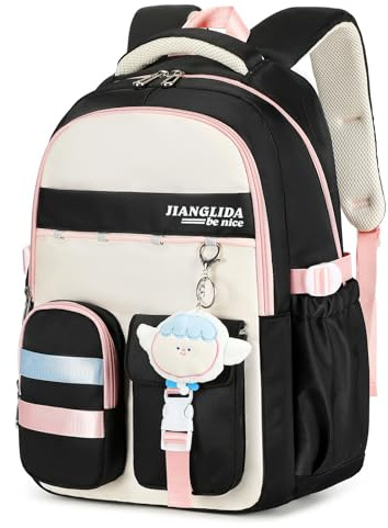 Amythe Schulrucksack Mädchen, Stilvolle Rucksack für Kinder Teenager 3. - 9. Klasse, Lässiger Mädchen Schultasche Nylon Ranzen mit Kawaii Anhänger, Schwarz