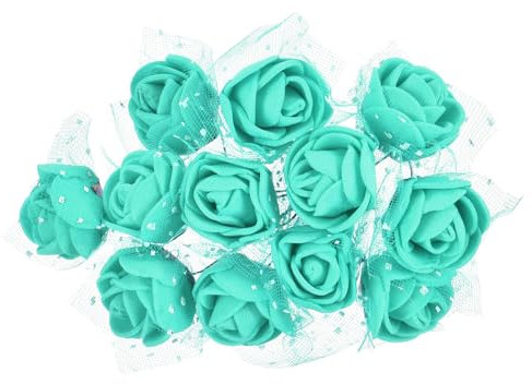 PATIKIL 144pcs Mini Têtes de Fleurs Artificielles Roses, 2.5cm Fausse Fleurs de Rose en Mousse avec Gaze, Décoration pour Mariage Fête Noël Gâteau Couronne Artisanat DIY, Bleu Vert
