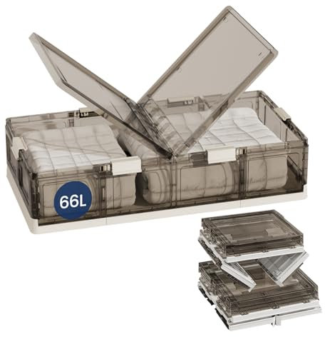 Heikoeco® Unterbett Aufbewahrungsbox mit Rollen Kunststoff, faltbare Aufbewahrungsbox mit deckel & 2 transparente Türen, stapelbare Unterbettkommode mit Rollen, Clipverschluss (66L-81x41x20cm)