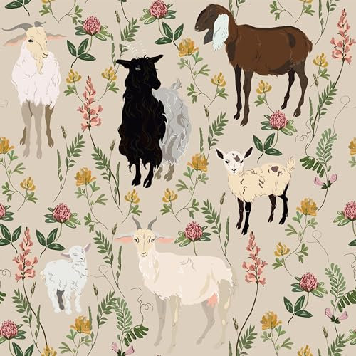 SOEWIOU Tapete mit Ziegen und Blumen, zum Abziehen und Aufkleben, 44,5 x 300 cm, hellbeige, Bauernhof-Hintergrund, Tapete, Schlafzimmer, Wohnzimmer, Küche, Badezimmer, wasserfest, selbstklebende