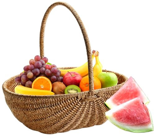 Geflochtener Korb mit Griff, 11,4 x 9,1 x 10,2 Zoll, Kunststoff-Erntekorb mit festem Draht, großes Fassungsvermögen, dekorativer Picknickkorb für Picknick, Obstaufbewahrung, Organisation, Picknickkorb