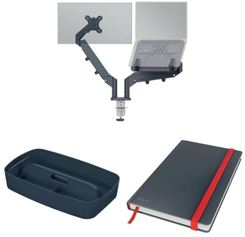 Leitz Ergo Set platzsparender Monitor- und Notebookarm mit MyBox Aufbewahrungsschale und hochwertigem Hardcover Notizbuch, Monitor-Halterung & Laptop-Ständer, 65380089 + 52660089 + 44540089