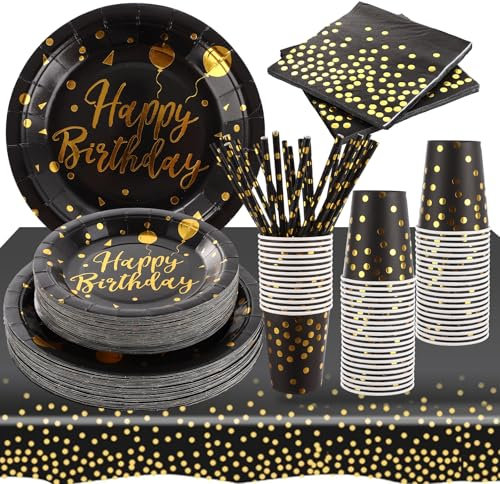 DAJAVE 252 Pcs Black and Gold Paper Plates 7inch and 9inch Party Paper Plates Party Tableware Set Include Plate Napkins Cups Straws Tablecloth for Birthday and Picnics - 50 Guests