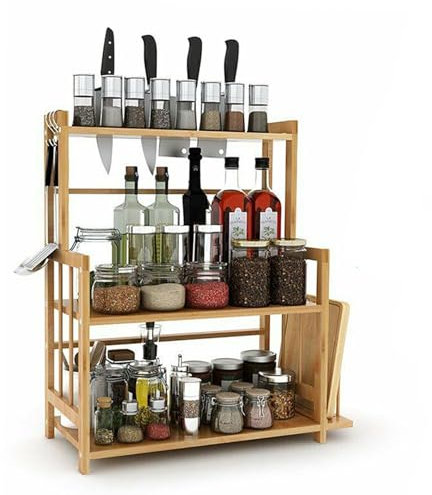 TOTEBOX Bamboo Spice Rack Herb Rack Free Standing, 3 Tiers Corner Shelf Kitchen Shelves Counter Top Storage for Spice Bottles, Cosmetics with Chopping Board and Knife Holder
