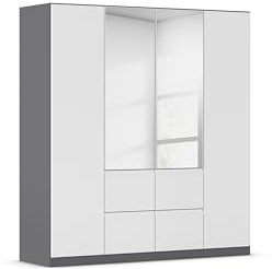 Rauch Möbel Bristol, Drehtürenschrank, Kleiderschrank, Schrank, Garderobe, 4-türig, 2 Spiegeltüren, 4 Schubladen, Farbe Grau metallic/Weiß, Schwarz, Griffprofil Weiß, Push-to-Open, 181x197x54cm