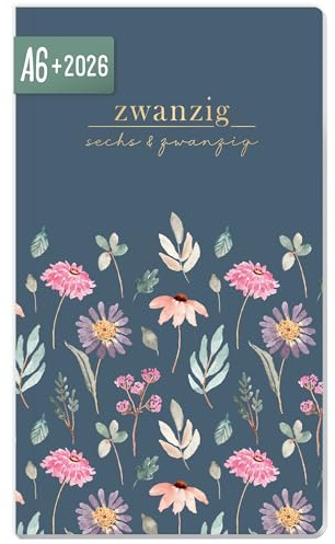 Häfft® Monatskalender 2026 A6+ Slim Flying Flowers 1 Monat auf 2 Seiten | Monatsplaner klein, Taschenkalender 2026 mit Jahres- & Ferienübersicht