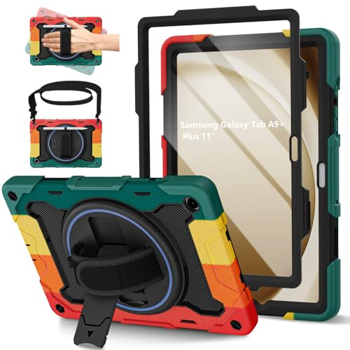 ROSROME Case for Samsung Galaxy Tab A9+/A9 Plus 11 Inch 2023, Red | Screen Protector, Heavy Duty Shockproof Protective Tablet Kids Cover, 360°Rotating Stand, Shoulder Strap, Pencil Holder