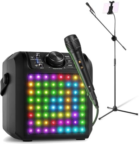 Fenton KAR50P Kids Karaoke Machine with 2 Microphones, Bluetooth Karaoke Speaker, RGB Lights, Tablet Mount, 50W Rechargeable, Adjustable Mic Stand – Pink