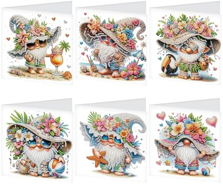 JISHSHAY 6 Pack Diamond Painting Grußkarten Wichtel Diamant Painting Hochzeitskarten Gnome Basteln Erwachsene Geburtstagskarten Zwerge Crystal Art Mosaik Bastelset Erwachsene Karte Danke mit Umschlag