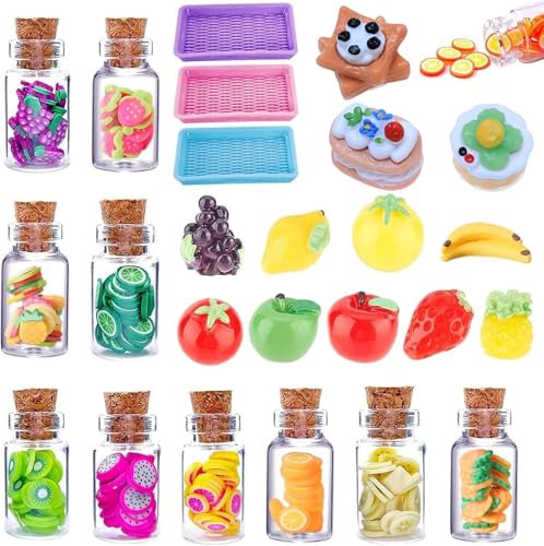 Miniatur Wichtel Zubehör,25 Stück Puppenhaus Obst Glas Set,Miniatur Fruchtscheiben Glasflasche,Puppenhaus Lebensmittel,Miniatur Süßigkeitenglas,Miniatur Puppenhaus Zubehör für 1:12 Puppenhaus