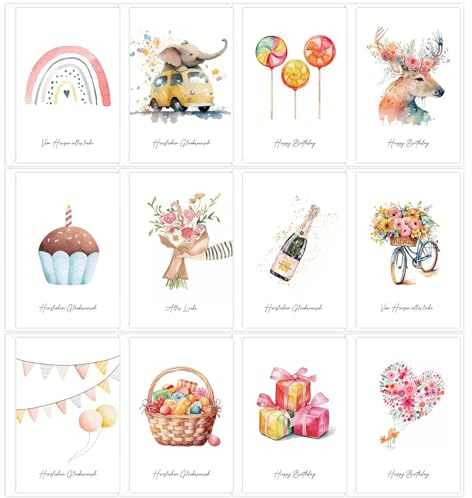 BSITSSS 12 Stück Geburtstagskarten,Glückwunschkarten Aquarell zum Geburtstag mit Umschlag,Dankeskarten Grußkarten Karte Taufe Hochzeit für Mann Frau Jungen Mädchen Freund Freundin