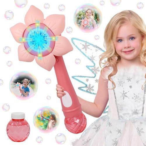 Seifenblasenmaschine für Kinder, Blumen Seifenblasenmaschine Kinder, Automatische Bubble Maschine mit Seifenblasenflüssigkeit, Seifenblasenstab Mädchen Junge für Partys Geburtstag Hochzeit (Rosa)
