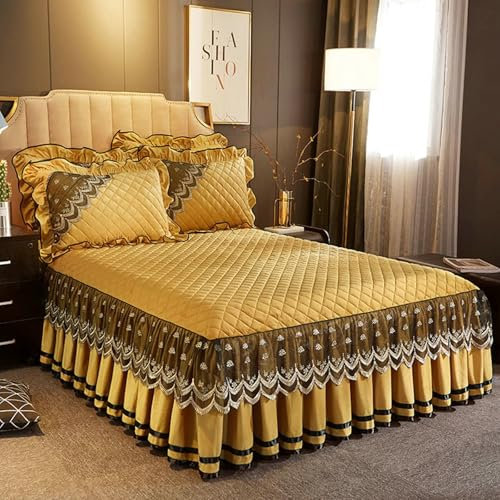 Gualiy Spannbettlaken 180x200cm Polyester, Spannbetttücher Gelb Einfarbig mit Blumenstickerei