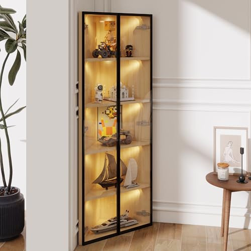 LED-Glasvitrine 62x35x160cm – Außenseite aus Eiche, integrierte Lichtleiste, staubdichter Schrank aus gehärtetem Glas, Eckvitrine mit Tür – Sammlungsvitrine, Bücherregal, Weinschrank,Badezimmerschran