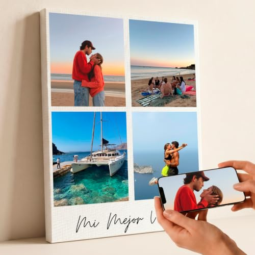 CRISTAL PLAQUE – Lienzo Personalizado con 4 Fotos y Texto | Foto en Bastidor de Madera | Regalo Original para Amigos, Parejas o Familia | Decoración Moderna para Salón o Dormitorio | Impresión Premium
