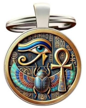 Porte-clés, bijou de sac cabochon oeil dieu horus, croix de ankh & scarabée égyptien.