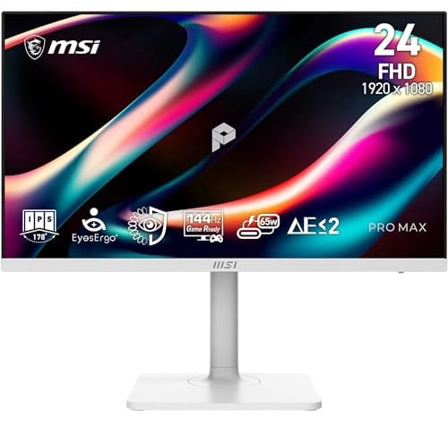 MSI PRO MAX 241PHW E14 24-Inch FHD 1920x1080 Computer Monitor, IPS, 144Hz, 1ms, Circular Polarizer, EyesErgo M-Mate APP, Built-in speaker, HDMI 2.0b, DP 1.2a, USB C (65W PD), KVM, Black