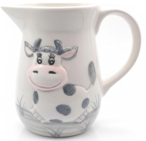 Jarra Lechera de Cerámica 725 ml con Diseño de Vaca, Pico Antigoteo, Apta para Lavavajillas, Brillante y Resistente, Jarrita de Leche con Relieve