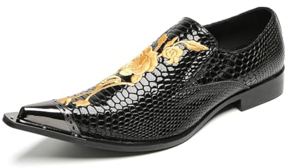 Yhsdfcn Scarpe da Cerimonia Uomo con Ricamo a Rosa Dorata, Mocassini in Pelle Rossa Trama Serpente con Punta Metallica per Matrimoni e Gala