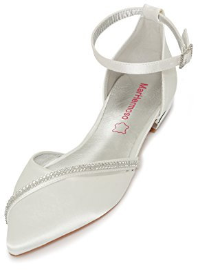 MarHermoso Women's Satin Ankle Strap Cross Strap Side Diamante Pointed Pumps 6 UK Ivory White