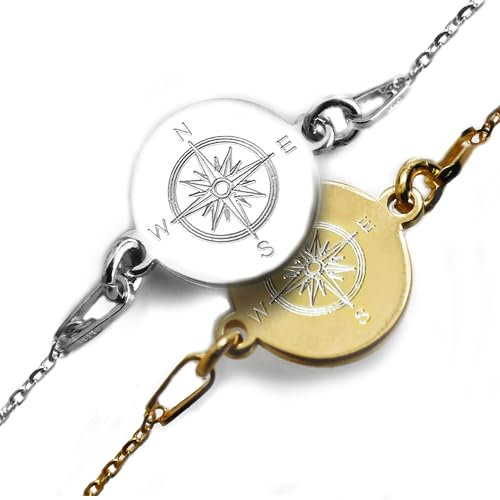 Kompass Armband mit Gravur, Plättchen Armband, 925 Silber oder vergoldet, Reise Geschenk für Frauen