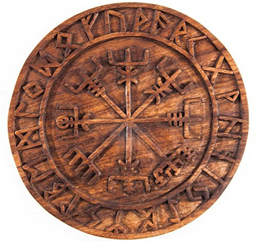 Windalf Nordic Holzbild VEGVISIR Ø 23 cm Wikinger Kompass mit Futhark Wandornament Wandrelief Nordische Mythologie Handarbeit aus Holz