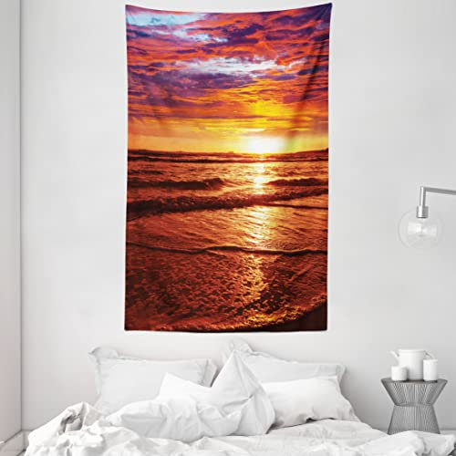 ABAKUHAUS Hawaii Wandteppich und Tagesdecke, Sea Sonnenuntergang Dämmerung aus Weiches Mikrofaser Stoff Waschbar ohne Verblassen Digitaldruck, 140 x 230 cm, Gelb Orange