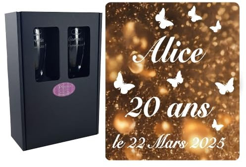2 Flûtes à Champagne Gravées – Age Personnalisable + Prénom - Modèle Anniversaire Papillons avec Coffret Cadeau - Cadeau d'anniversaire personnalisé – Verre gravé – Coupe de Champagne personnalisée