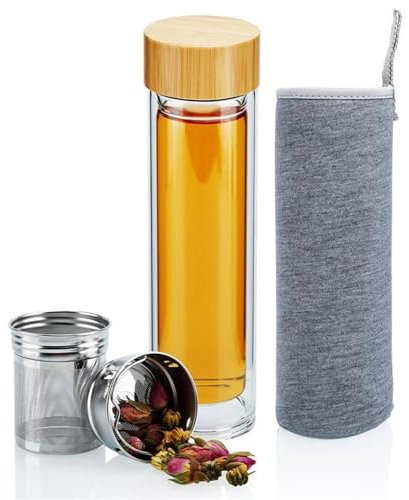 INTIRILIFE Botella de té de vidrio colador de acero inoxidable- Botella termo de doble pared de 400 ml de vidrio de borosilicato con funda- Botella para llevar para beber té, tapa de bambú