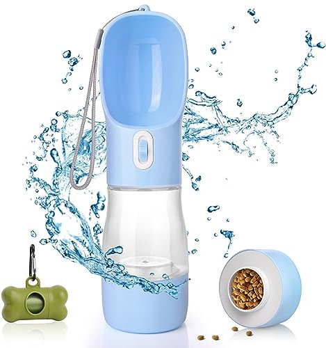 PetInn Botella de Agua para Perro Bebedero de 258 ml y comedero de 200 ml,2en1 Dispensador de Agua y Comida Portátil a Prueba de Fugas para Mascotas al Air Libre para Pasear