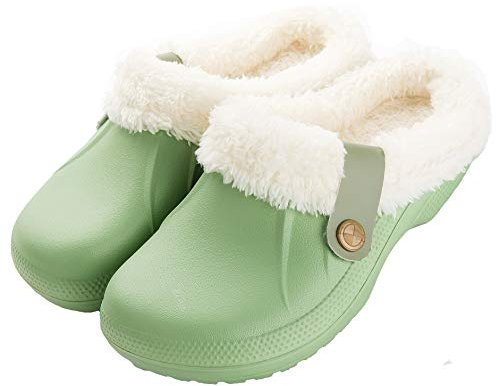 CELANDA Clogs Gefüttert Damen Herren Warm Hausschuhe wasserdichte Gartenclogs mit Fell Frauen Geschlossen Lined Clogs Winter Plüsch Pantoletten Grün 37/38 EU
