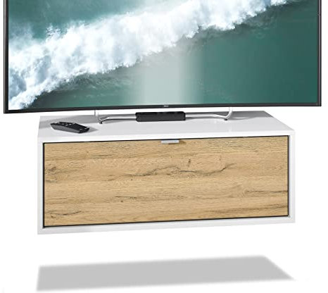 Vladon TV Board Lana 80 Hängeschrank Lowboard 80 x 29 x 37 cm, Made in Germany, Korpus in Weiß matt, Fronten in Eiche Natur | Große Farbauswahl